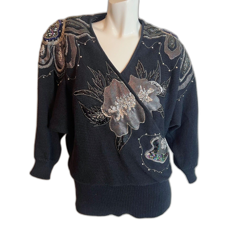 Vintage 80s Bonnie Boerer Black Silver Beaded Embroidered Wrap Sweater Size S
